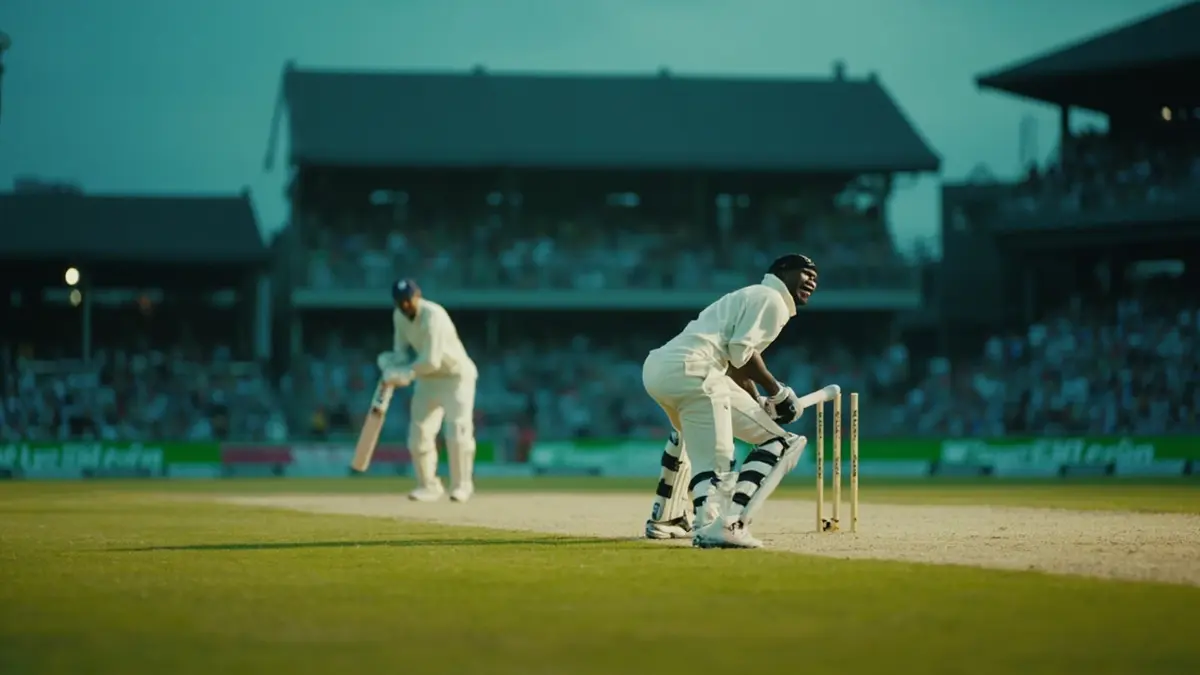 Editorial photograph of a cricket match under stadium lights