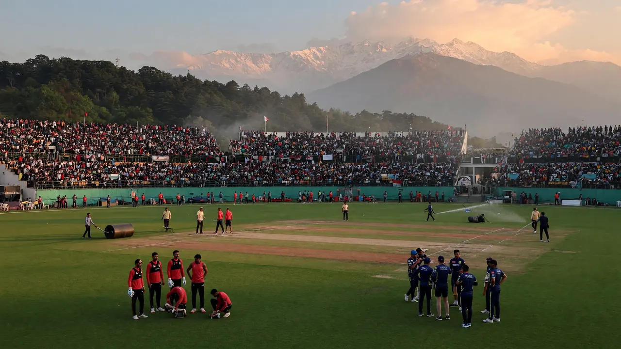 Wide floodlit cricket ground with packed stands and mountain backdrop at dusk before an evening IPL fixture