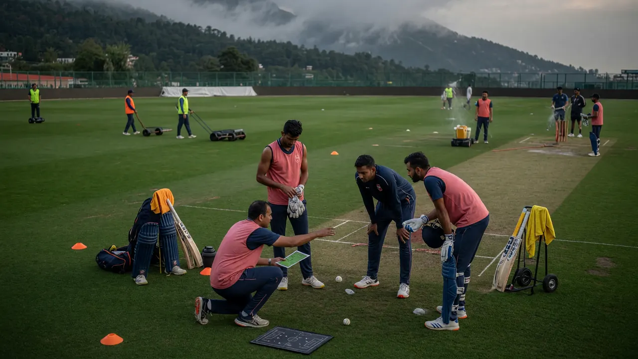 Medium-wide view of fielders in catching positions as a bowler runs in on a floodlit outfield
