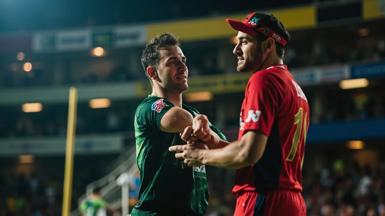 Medium editorial view of a captain discussing field placement with a bowler at the top of his mark under evening lights
