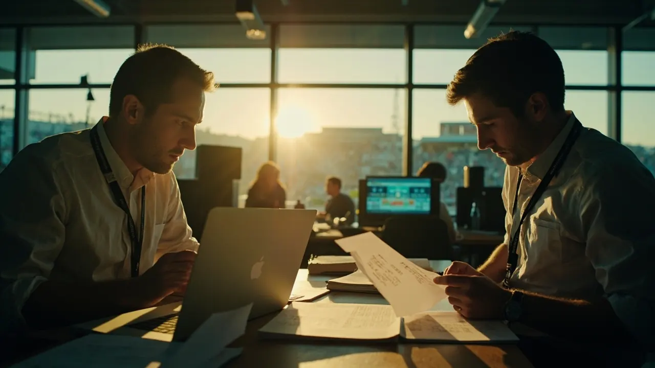 Editorial cricket newsroom at dawn with reporters reviewing match notes