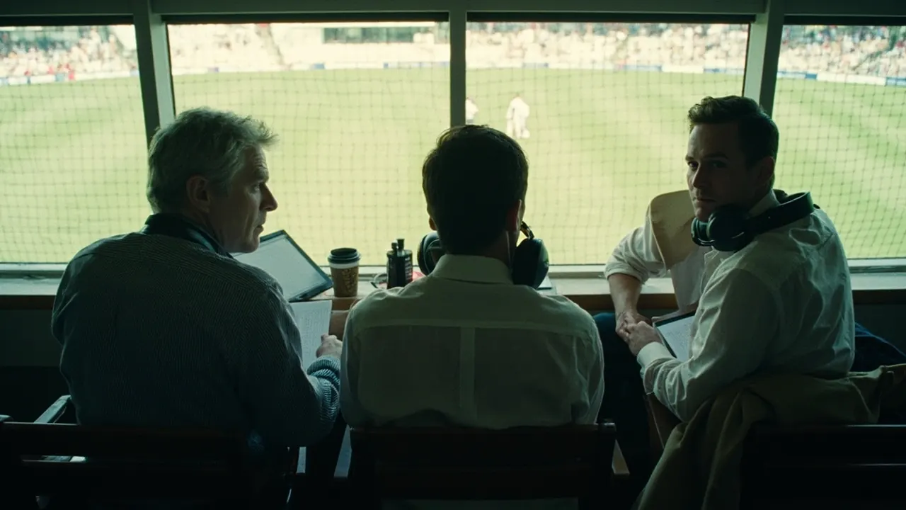 Three editorial writers conferring in a cricket press box