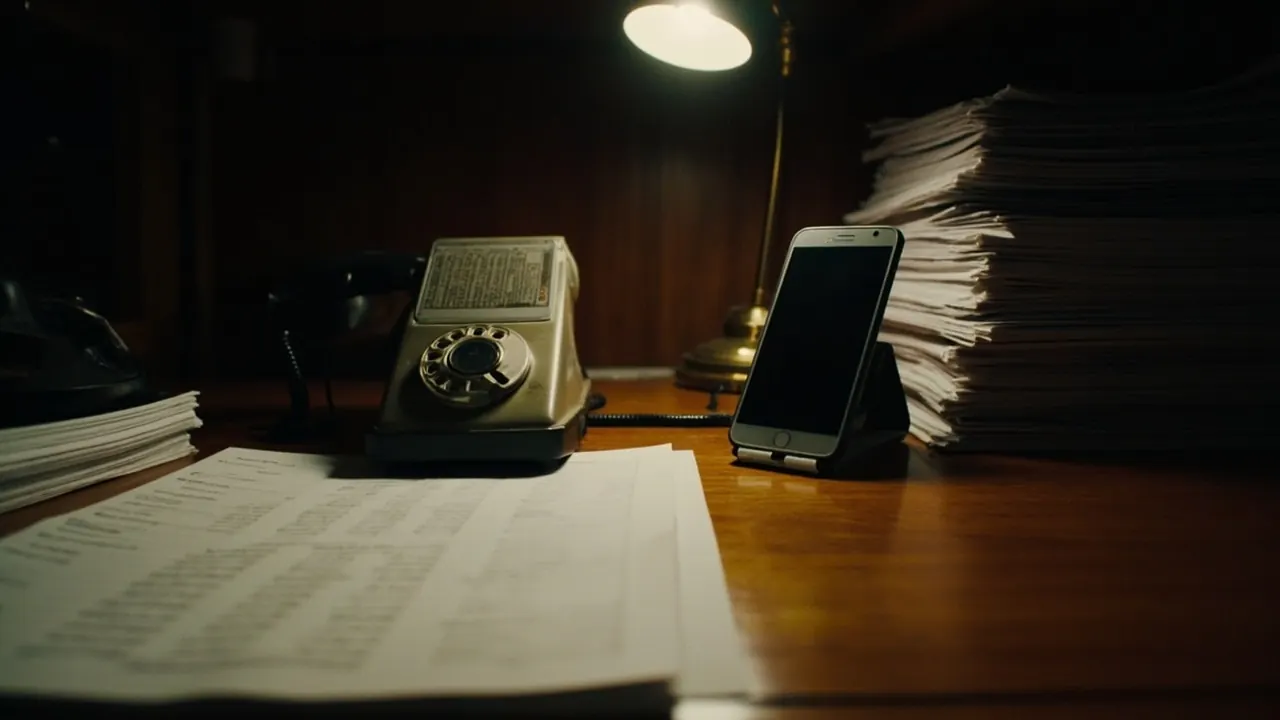Editorial desk telephone and smartphone among printed stat sheets