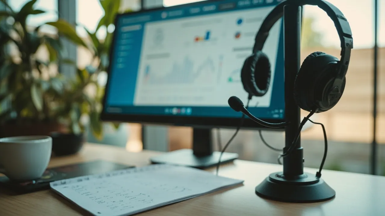 Editorial customer-care desk with headset, monitor and notebook