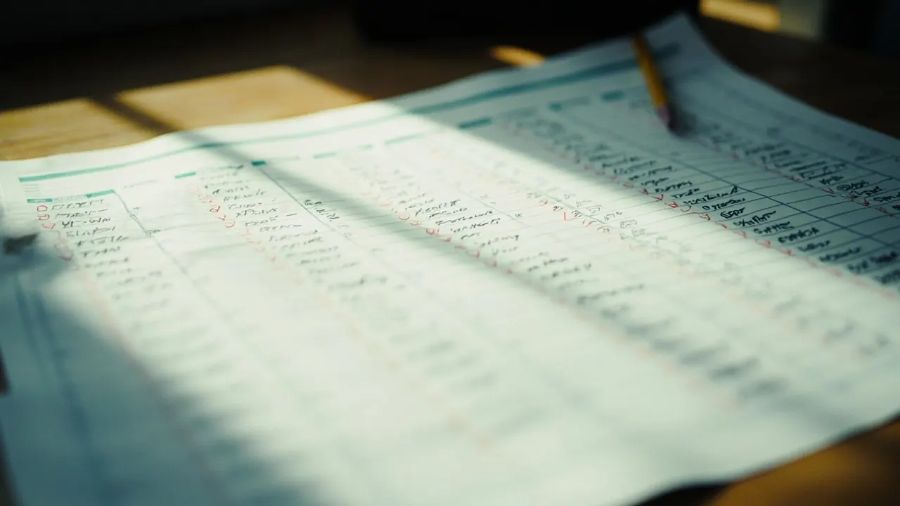Fantasy team worksheet with handwritten rows and credit columns