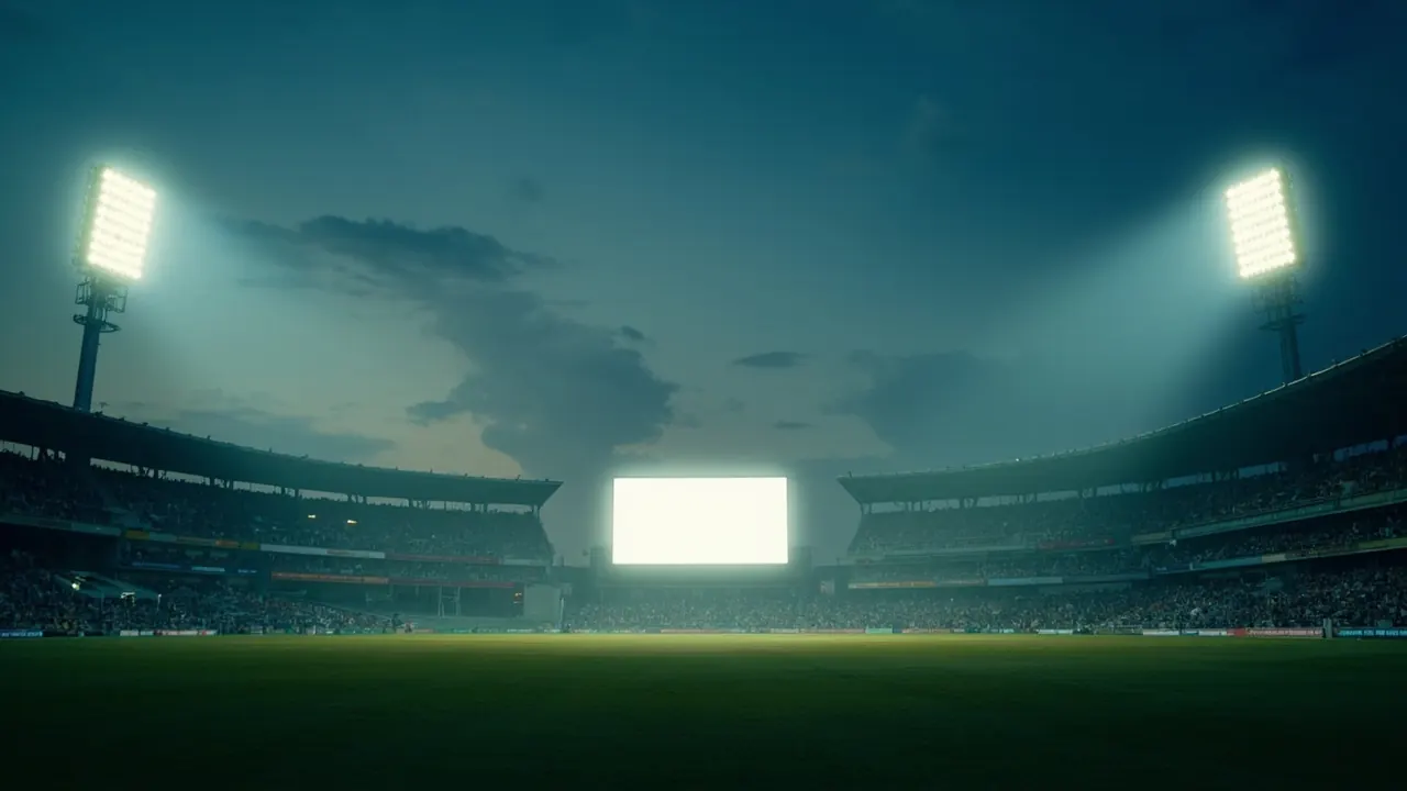 Wide panoramic cricket stadium under floodlights at twilight