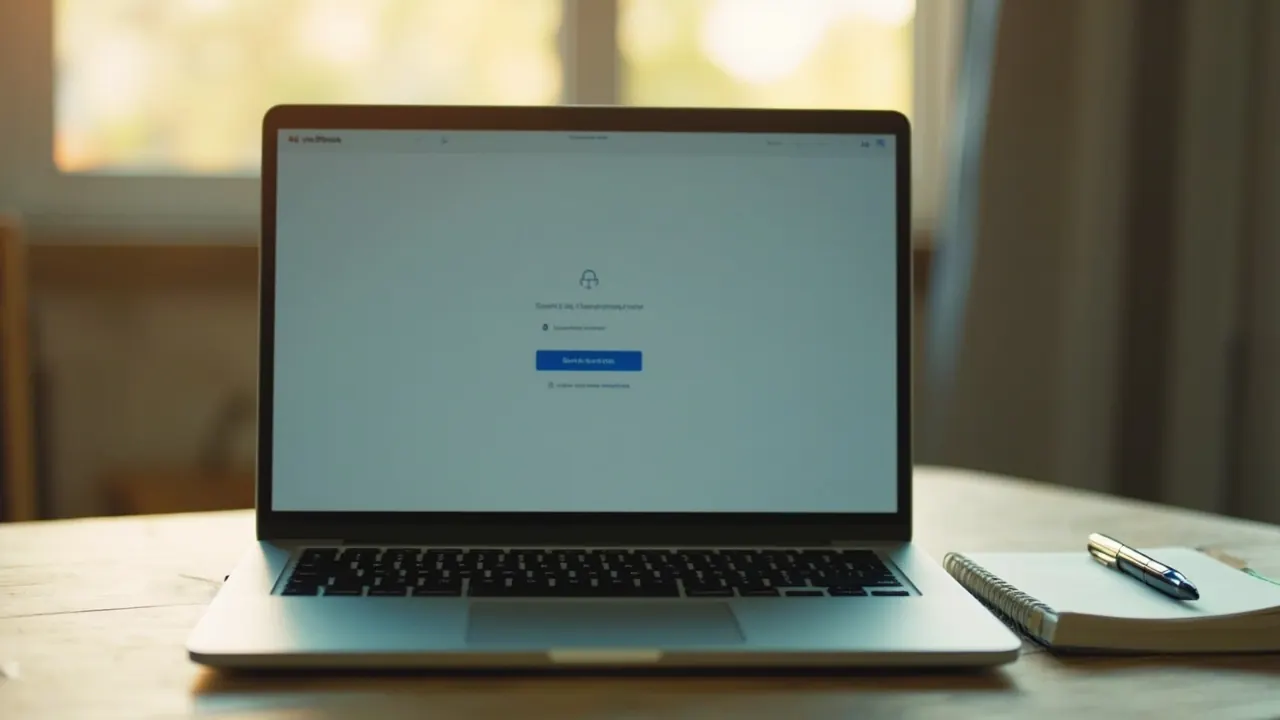 Laptop login form on a wooden desk with notebook and pen