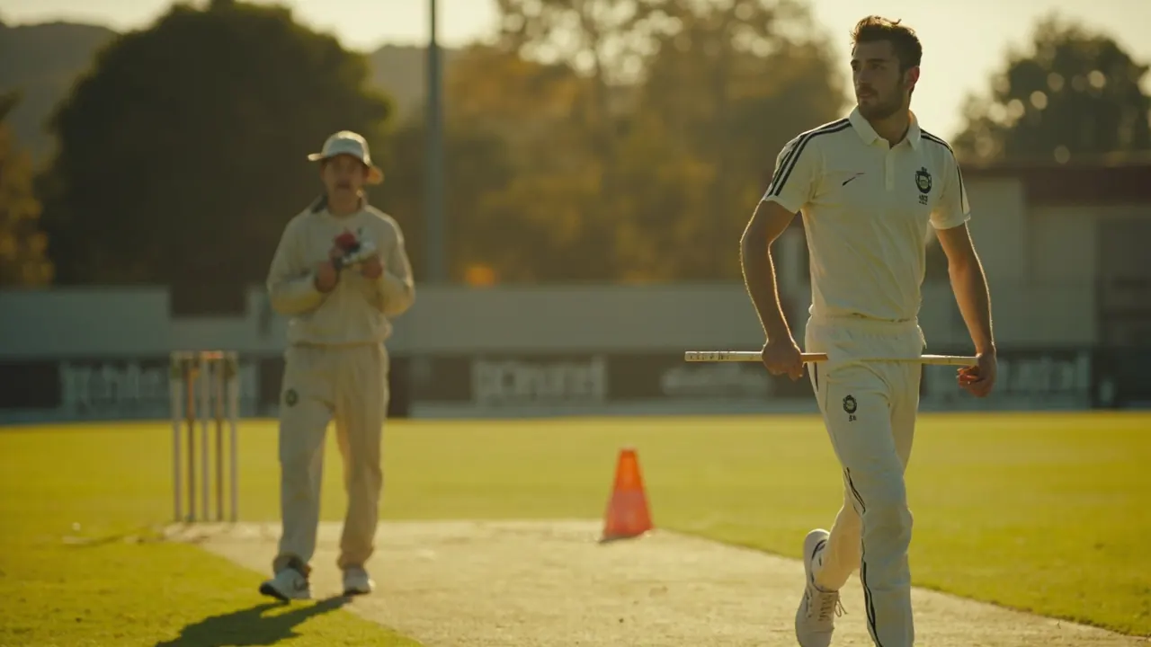 Cricket all-rounder stretching on the practice ground with coach timing him