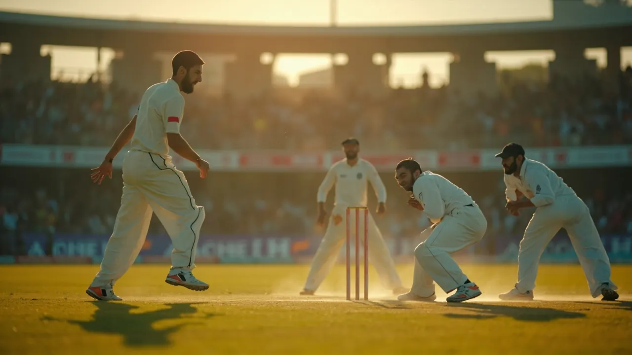 Tense death-overs cricket scene with bowler mid run-up and slip fielders
