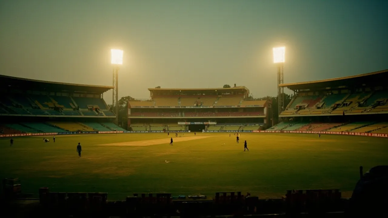 Empty Jaipur-style cricket ground at dusk after stumps