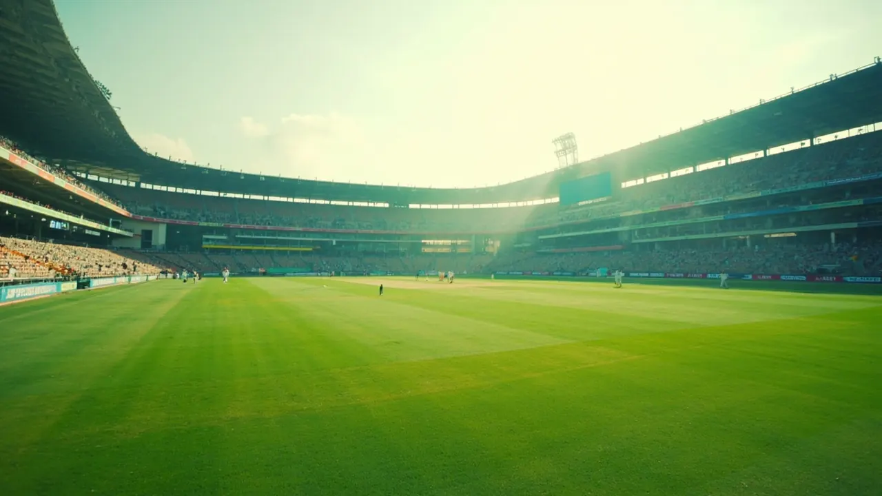Vast Narendra-Modi-stadium-style arena under bright daylight