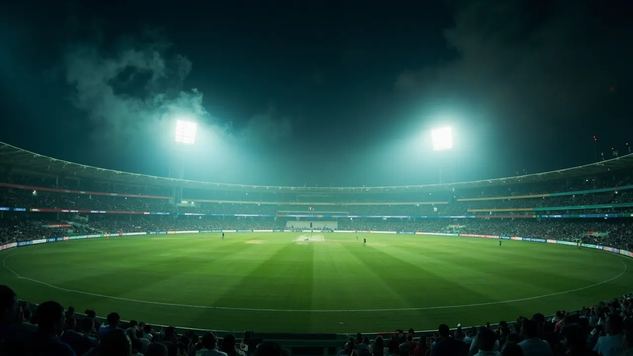 Wankhede-style stadium under floodlights at the close